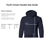 Unisex youth hoodie size guide with measurements and corresponding ages used by Bare It Designs Ltd.