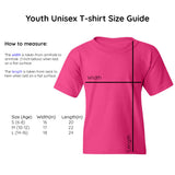 Unisex youth t-shirt size guide with measurements and corresponding ages used by Bare It Designs Ltd.